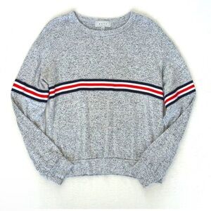 Gaze Women's Soft Grey w Red Blue & White Racer Stripes Long Sleeve Sweater S